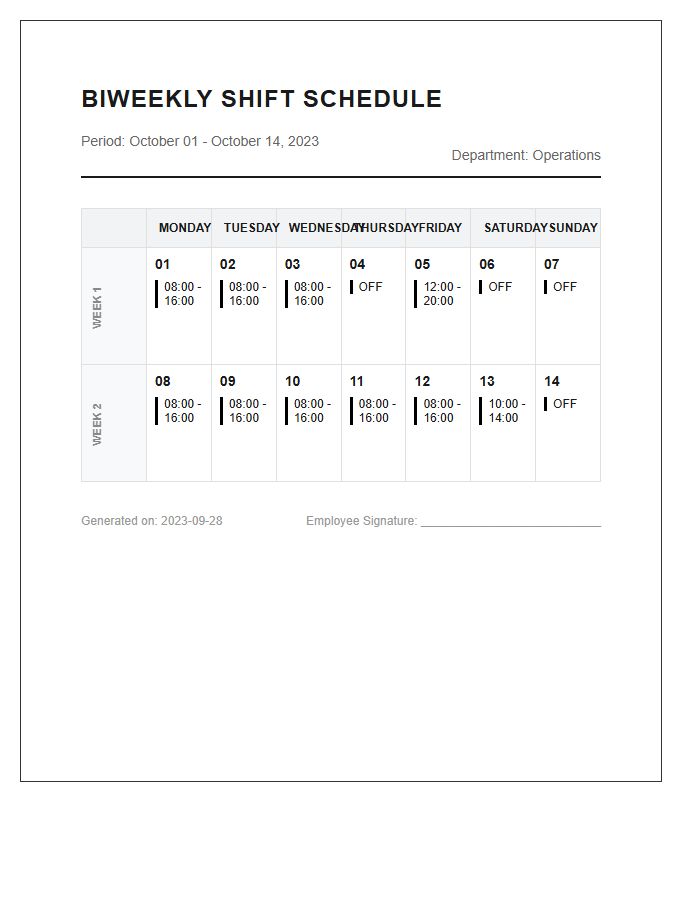 Biweekly Printable Shift Schedule Calendar Chart
