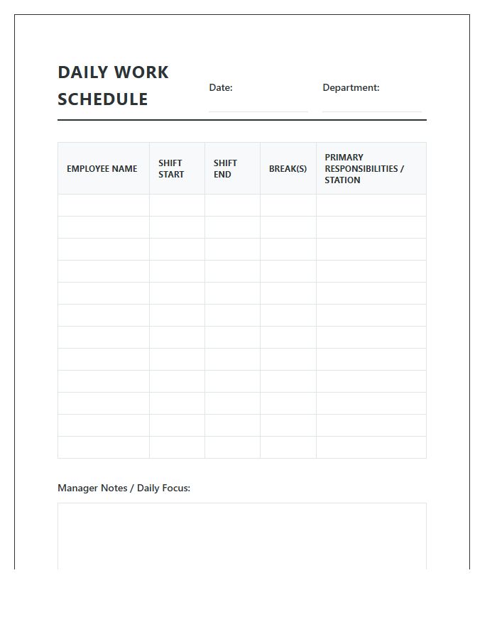Daily Printable Employee Work Schedule Chart