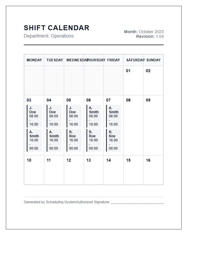 Formal Printable Employee Shift Calendar Chart