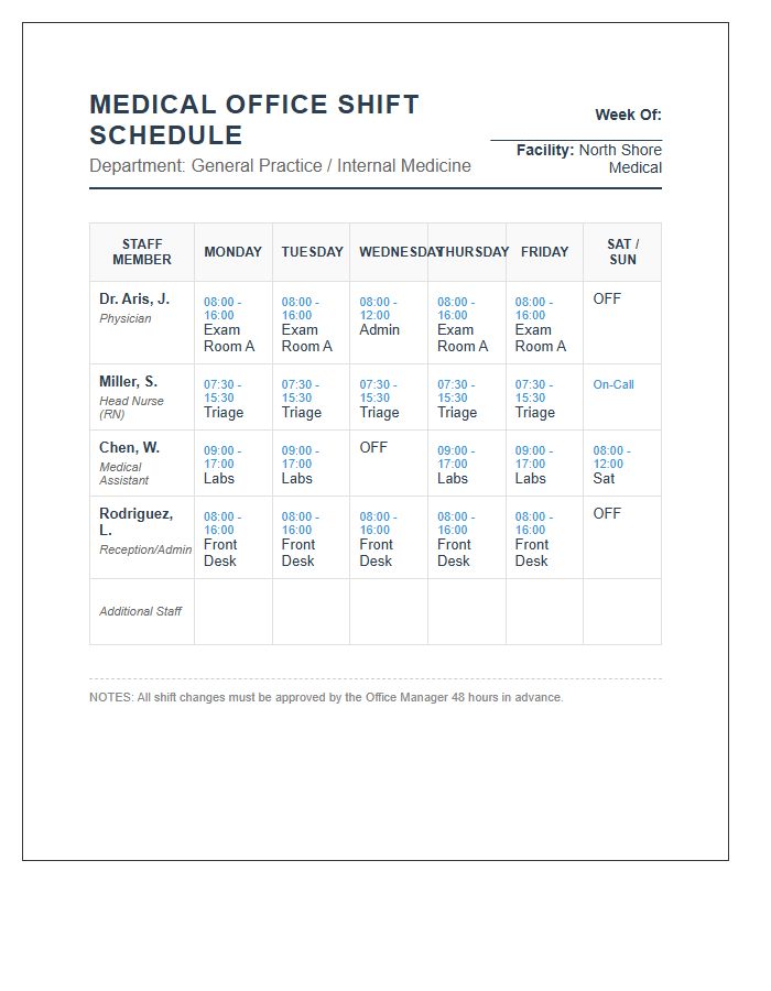 Medical Office Printable Shift Schedule Chart