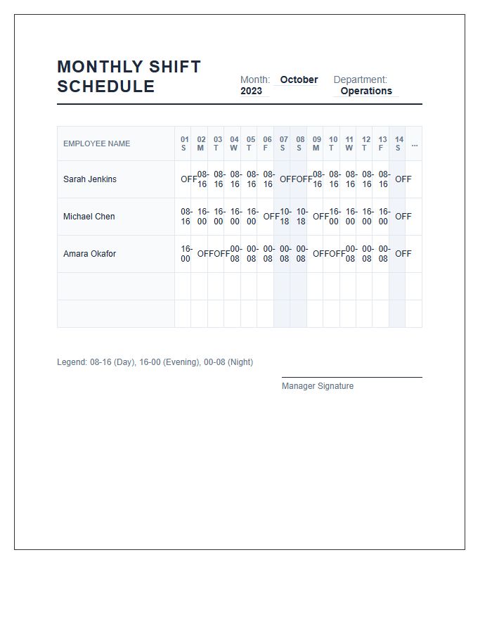 Monthly Printable Employee Shift Schedule Chart