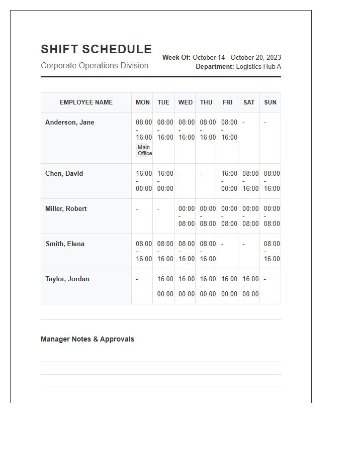 Printable Corporate Employee Shift Schedule Chart