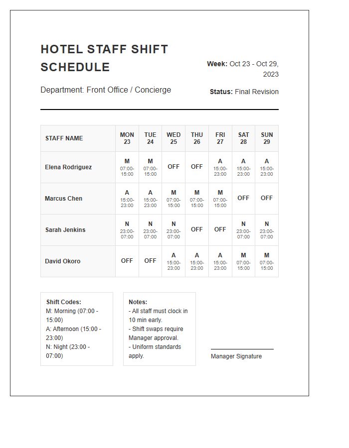 Printable Hotel Staff Shift Schedule Chart