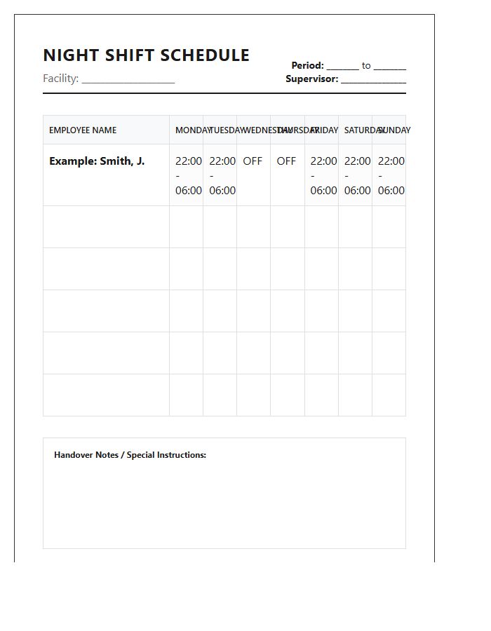 Printable Night Shift Employee Calendar Chart
