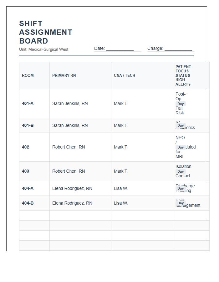 Printable Nursing Shift Assignment Calendar Chart