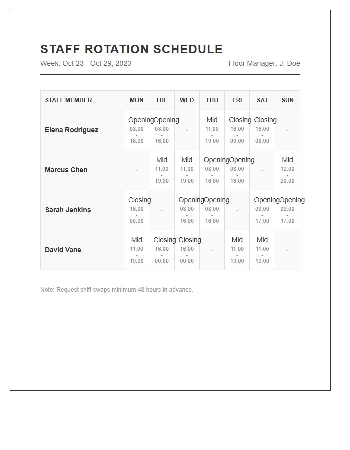 Printable Restaurant Staff Rotation Calendar Chart