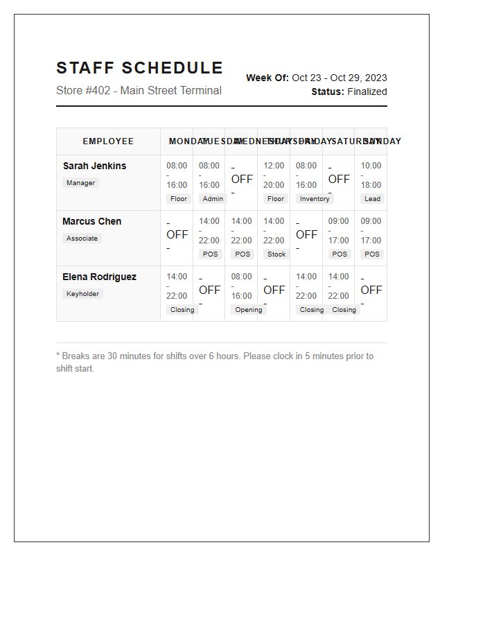 Printable Retail Employee Calendar Schedule Chart