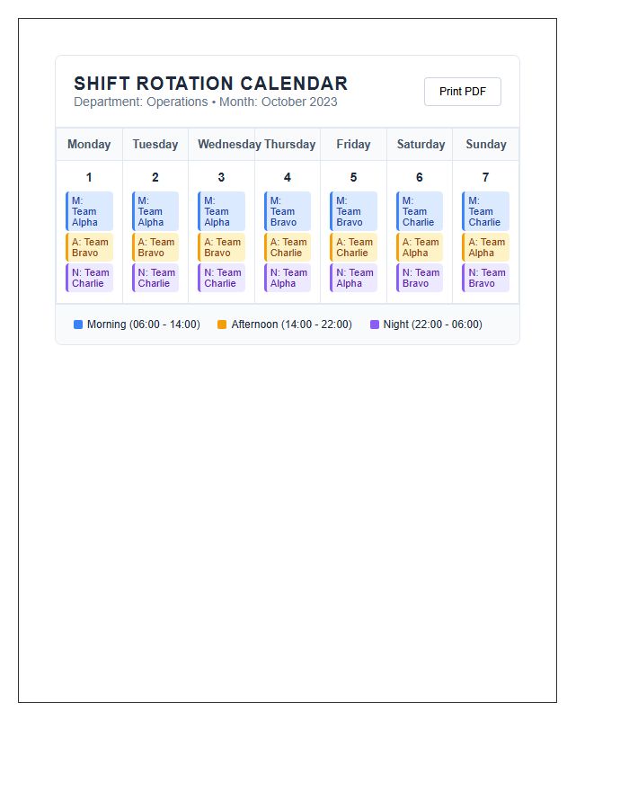 Printable Shift Coverage Rotation Calendar Chart