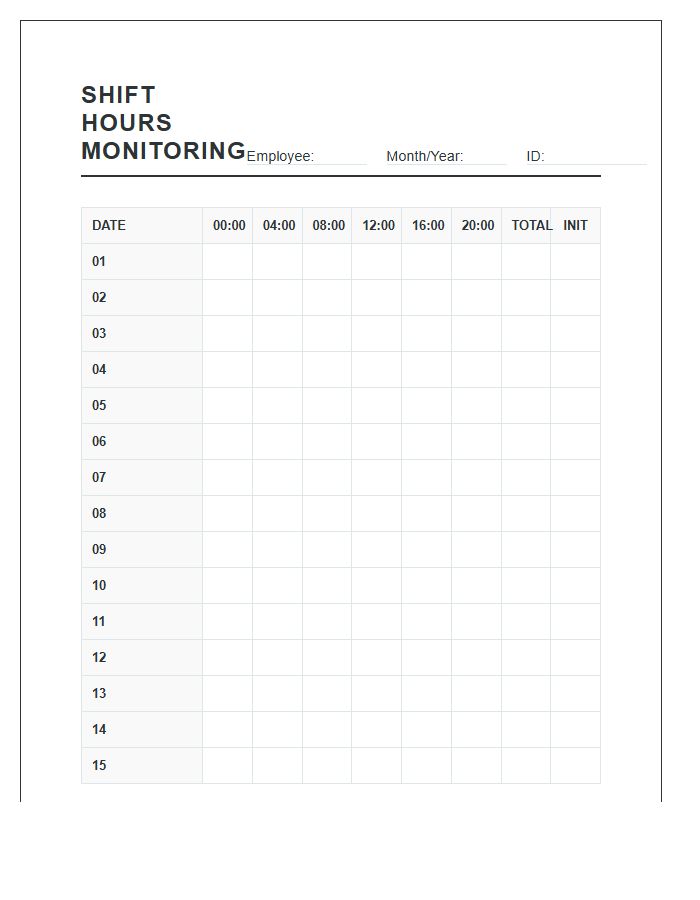 Printable Shift Hours Monitoring Calendar Chart