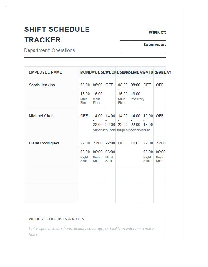 Professional Printable Shift Schedule Tracker Chart