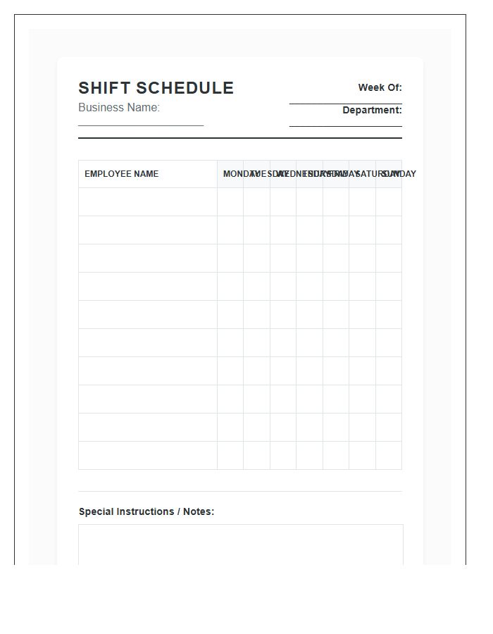 Small Business Printable Shift Schedule Chart