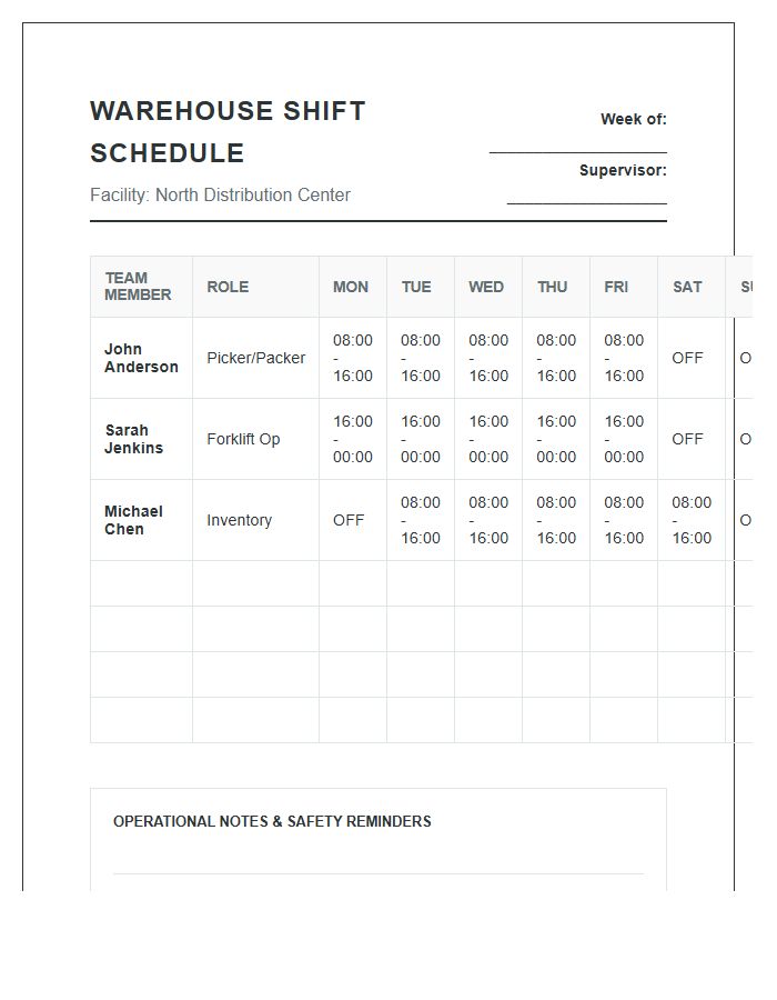 Warehouse Team Printable Shift Schedule Chart