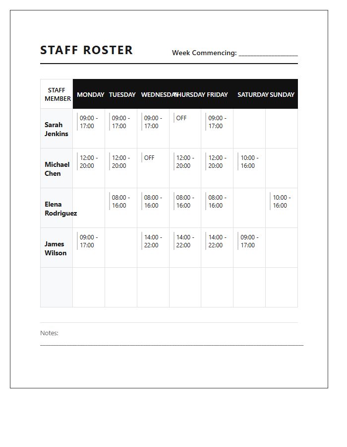 Weekly Printable Staff Roster Calendar Chart