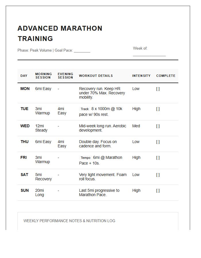 Advanced Marathon Training Printable Chart