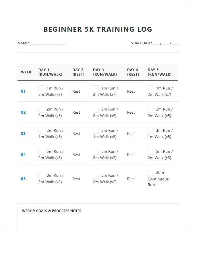 Beginner Running Training Printable Chart