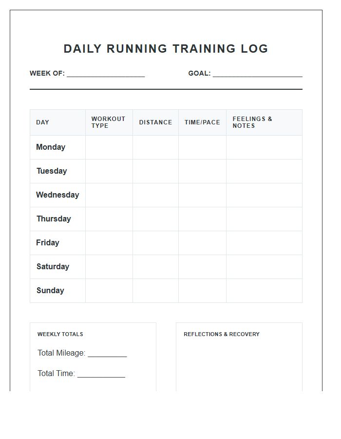 Daily Running Training Printable Chart