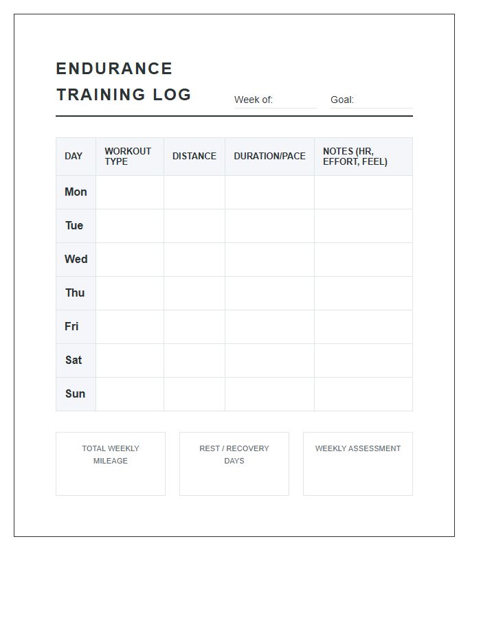 Endurance Running Training Printable Chart