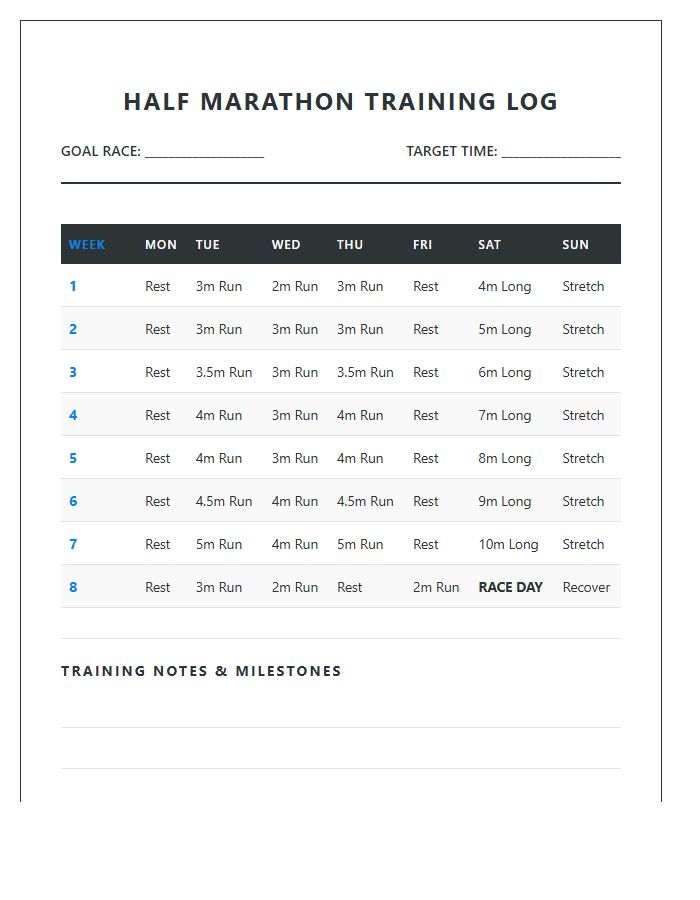 Half Marathon Training Printable Chart