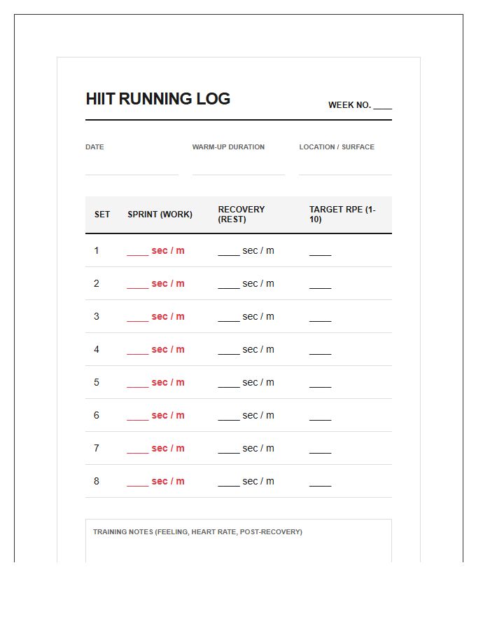 High Intensity Running Training Printable Chart