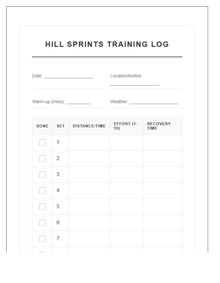 Hill Sprints Running Training Printable Chart