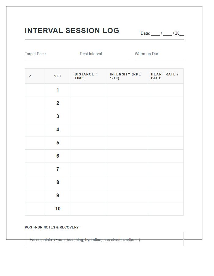 Interval Running Training Printable Chart