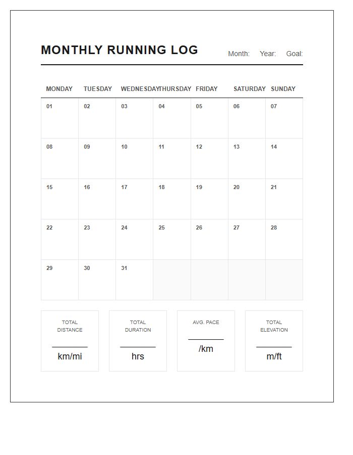 Monthly Running Training Printable Chart