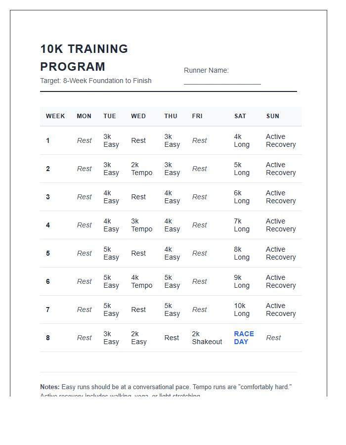 Ten K Running Training Printable Chart