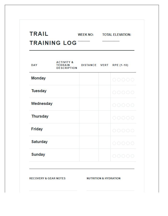 Trail Running Training Printable Chart