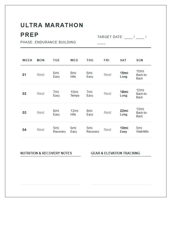 Ultra Marathon Training Printable Chart