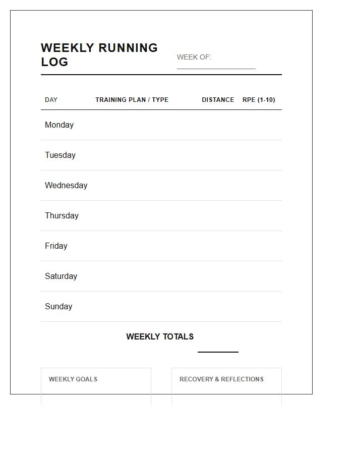 Weekly Running Training Printable Chart