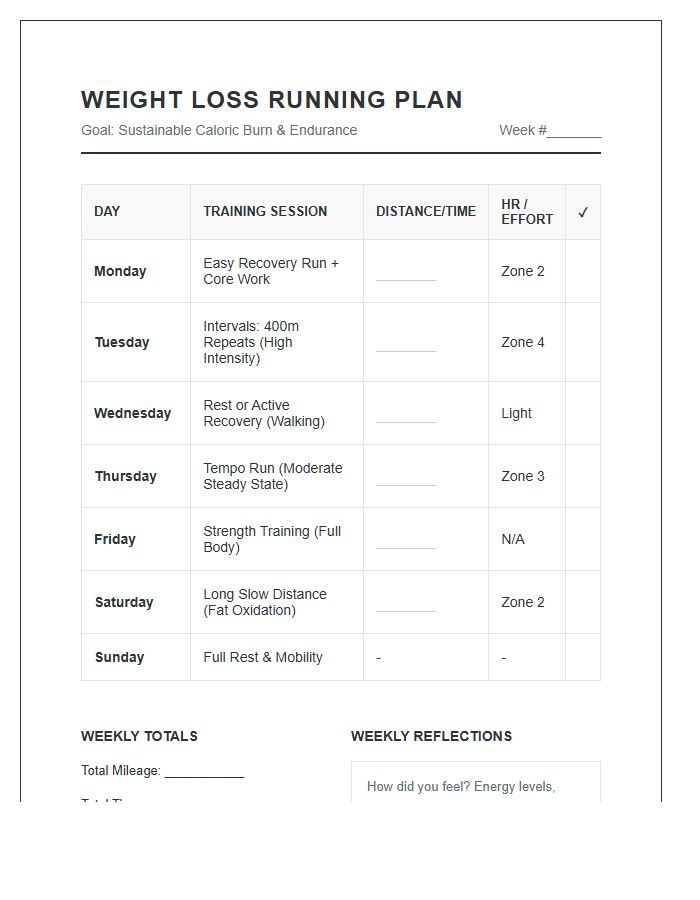 Weight Loss Running Training Printable Chart