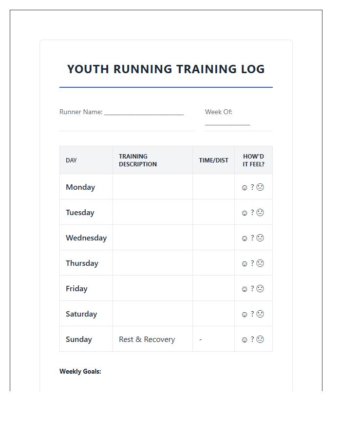 Youth Running Training Printable Chart