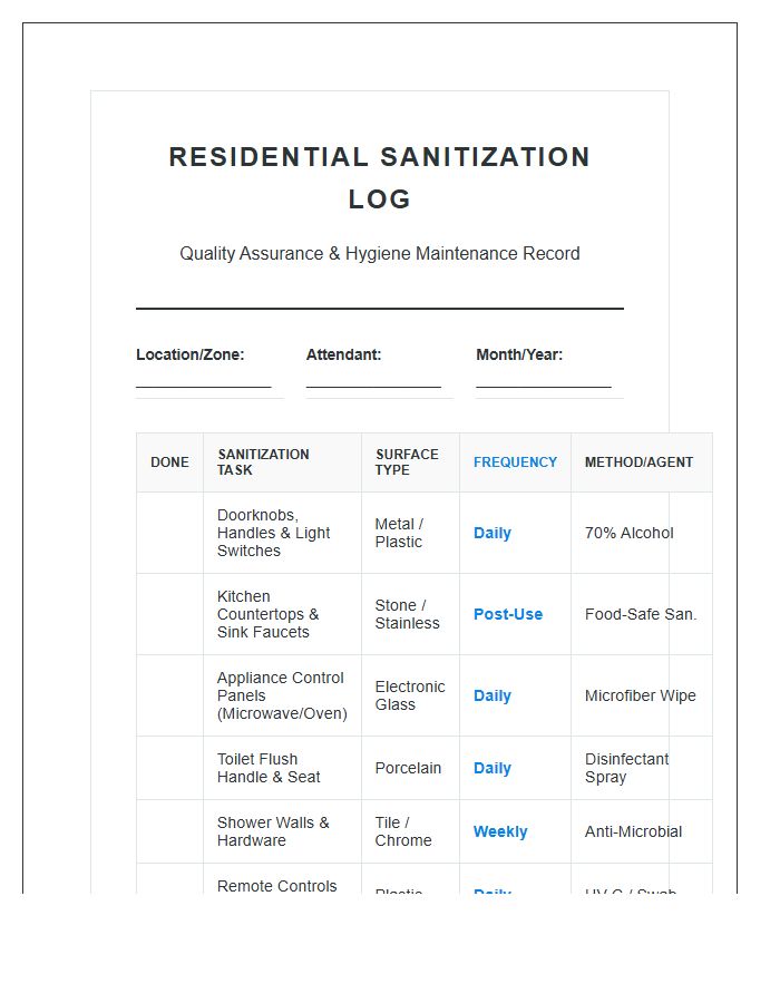 Detailed Residential Sanitization Printable Chart