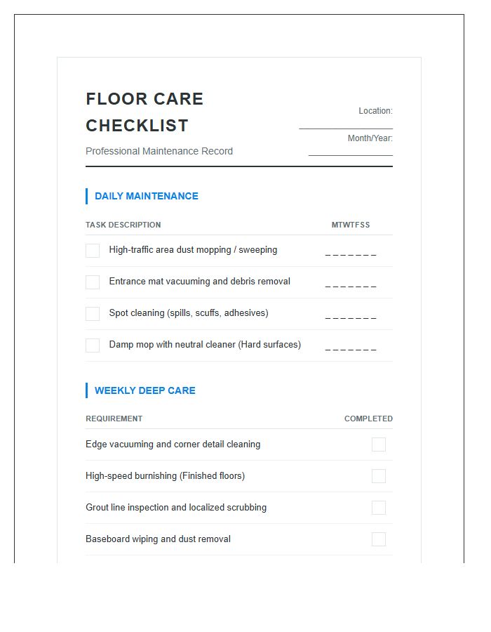 Extensive Floor Care Checklist Printable Chart