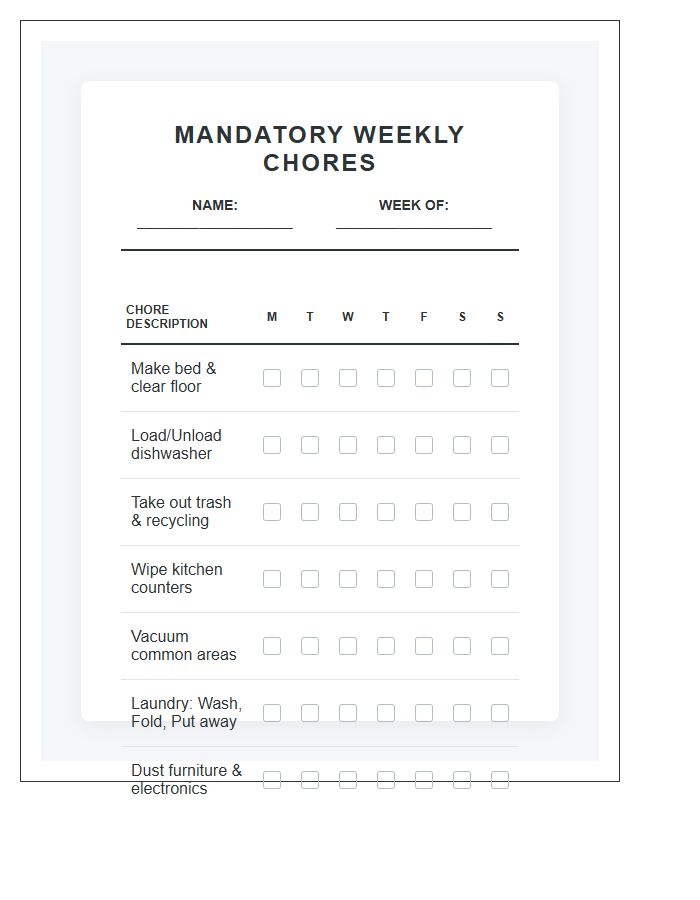 Mandatory Weekly Chores Checklist Printable Chart