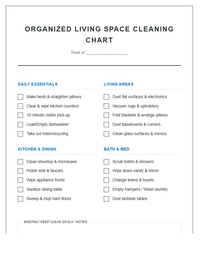 Organized Living Space Cleaning Printable Chart