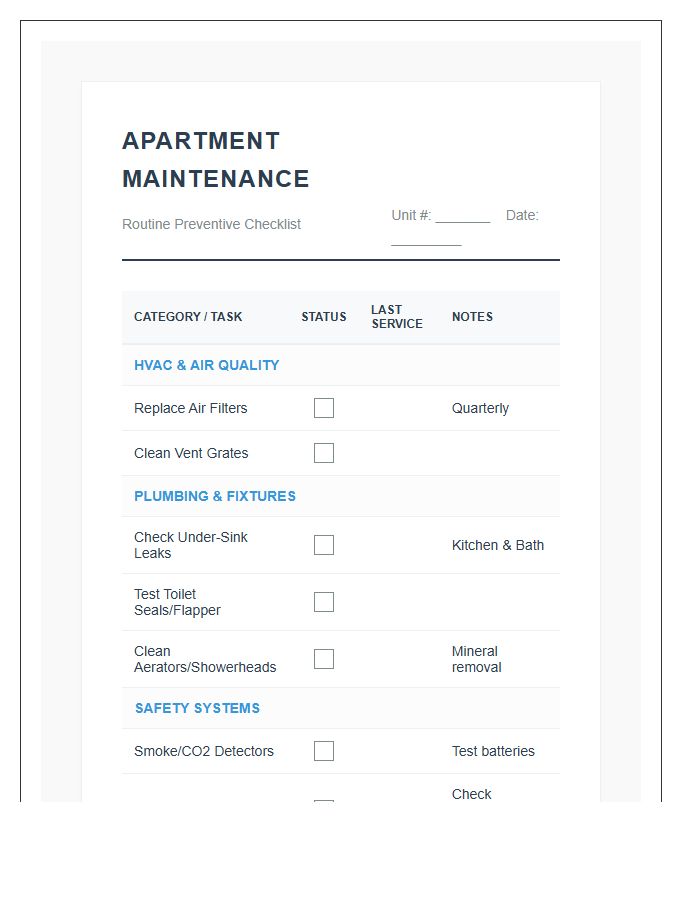 Primary Apartment Maintenance Printable Chart