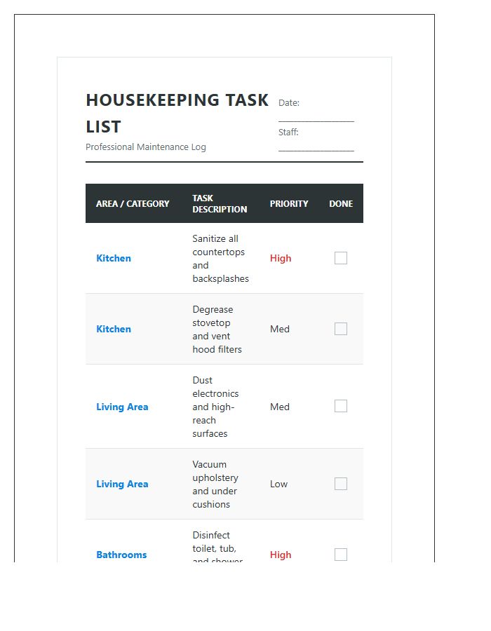 Professional Housekeeping Task Printable Chart
