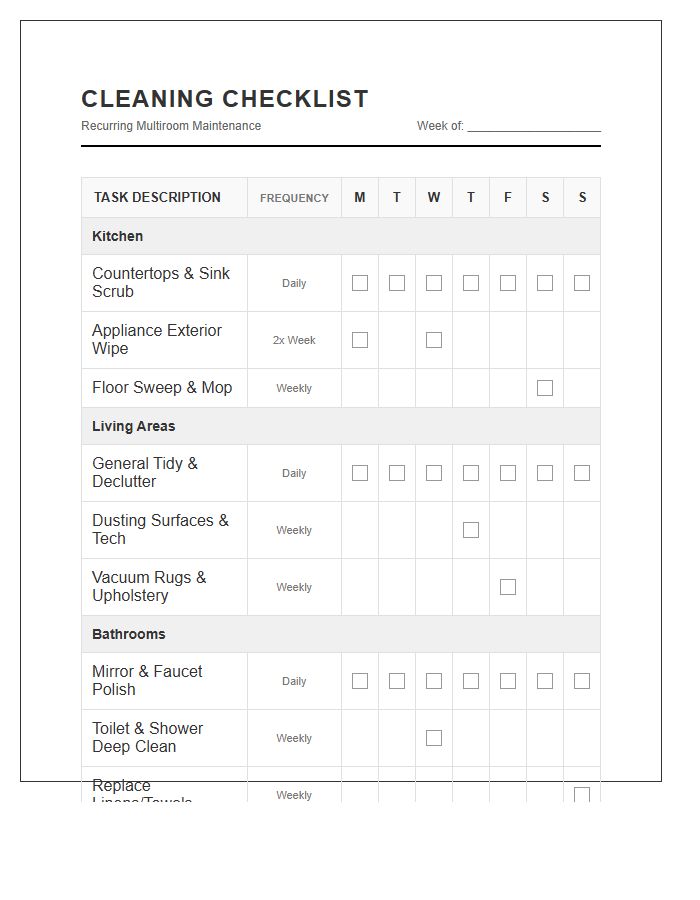 Recurring Multiroom Cleaning Printable Chart