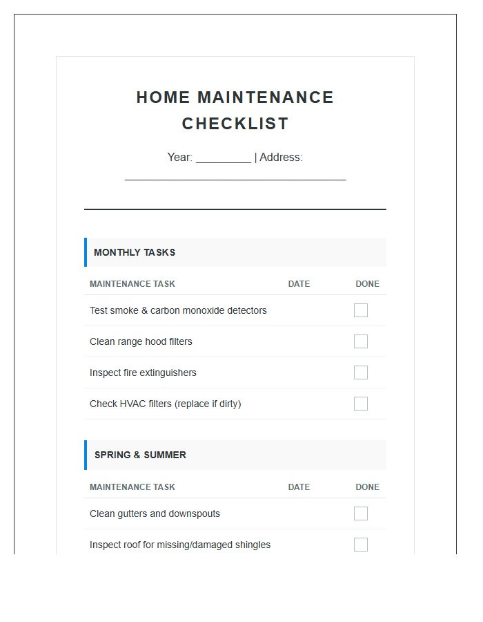 Standard Home Maintenance Checklist Printable Chart