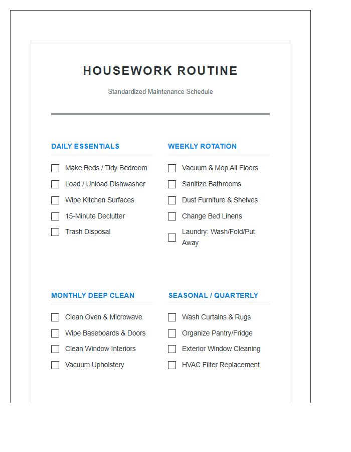 Standardized Housework Routine Printable Chart