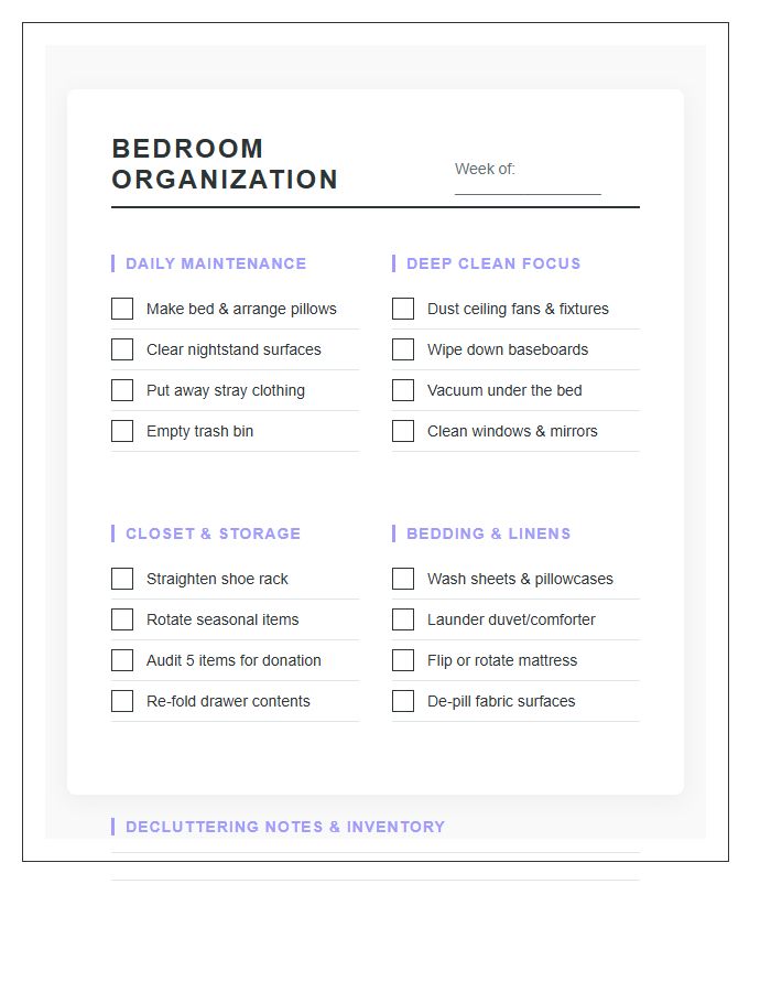 Structured Bedroom Organization Printable Chart