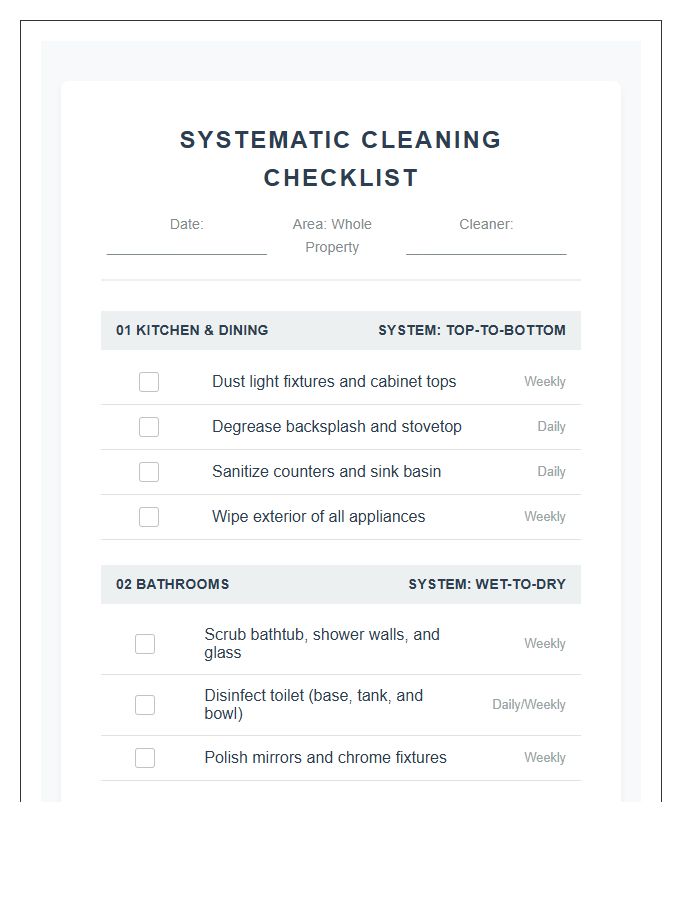 Systematic Domestic Cleaning Checklist Printable Chart