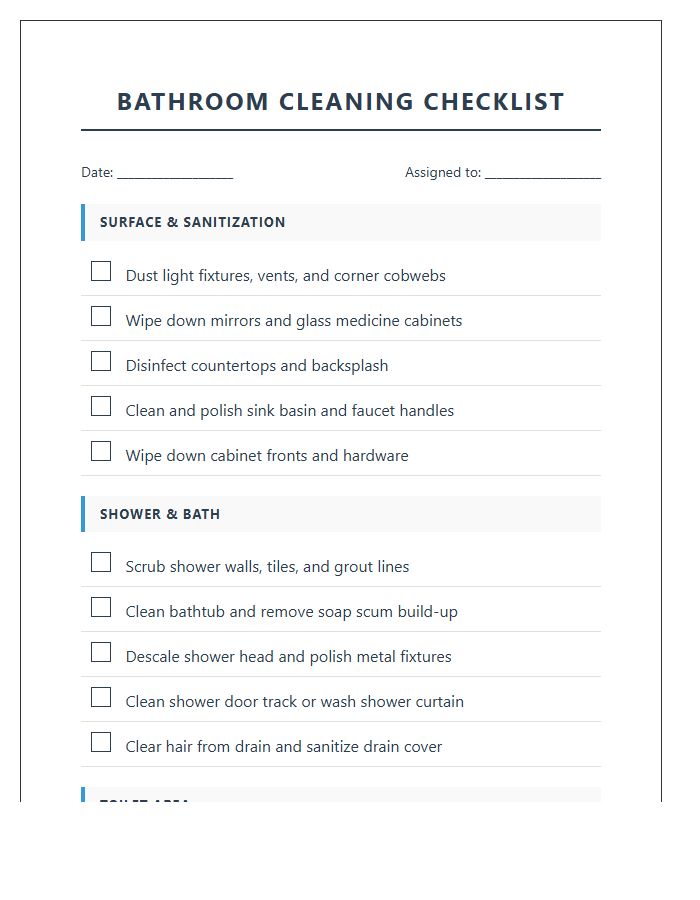Thorough Bathroom Cleaning Checklist Printable Chart