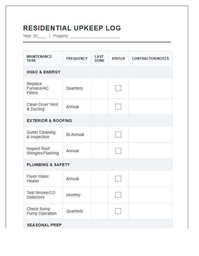 Total Residential Upkeep Printable Chart