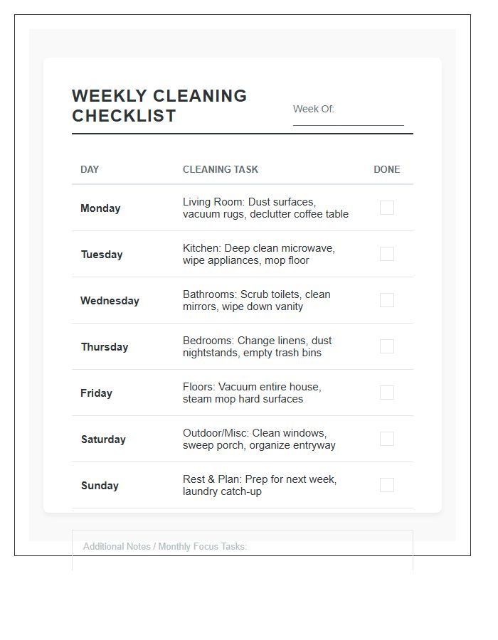 Weekly Household Cleaning Task List Printable Chart