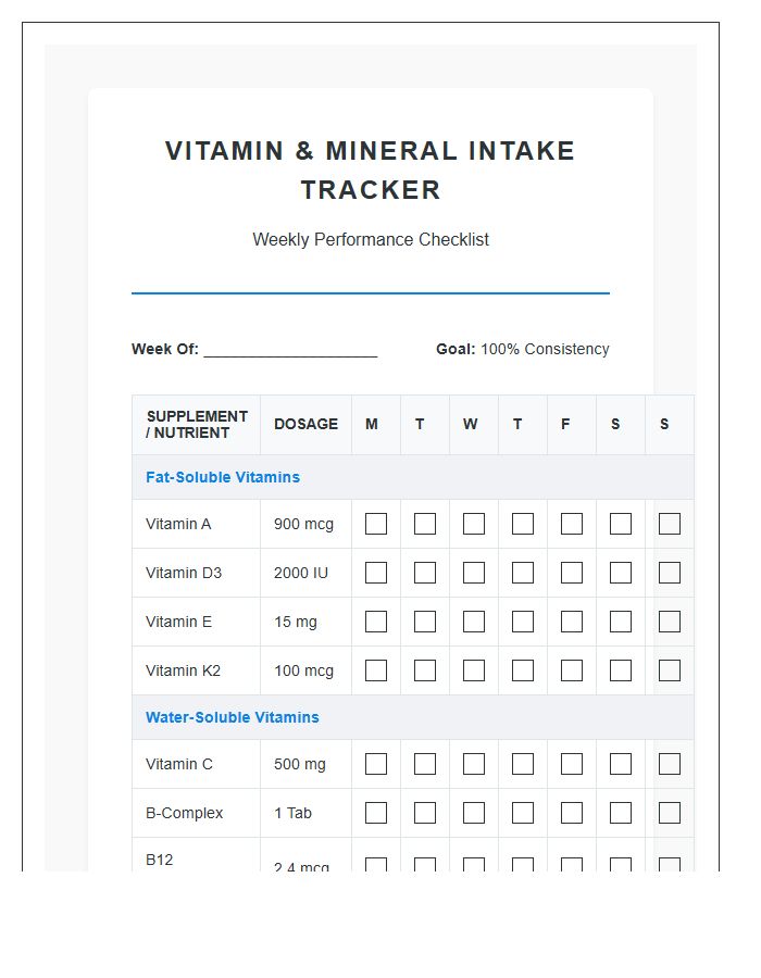 Comprehensive Vitamin Intake Checklist Chart Printable