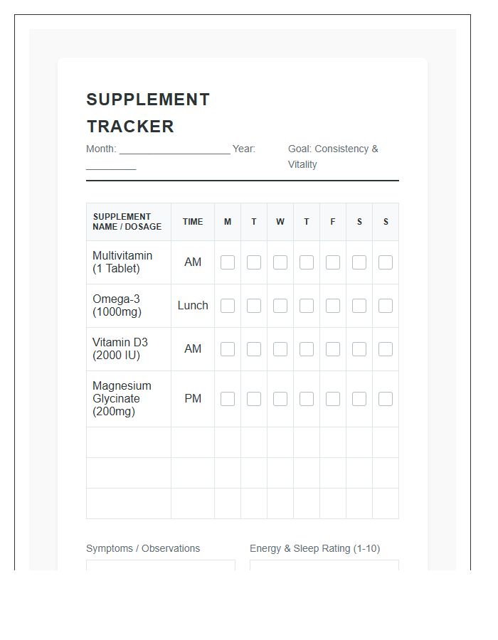Daily Nutritional Supplement Tracking Chart Printable