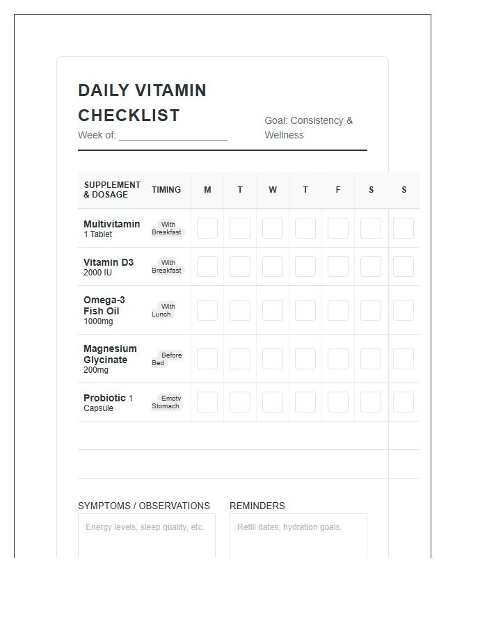 Detailed Daily Vitamin Checklist Chart Printable