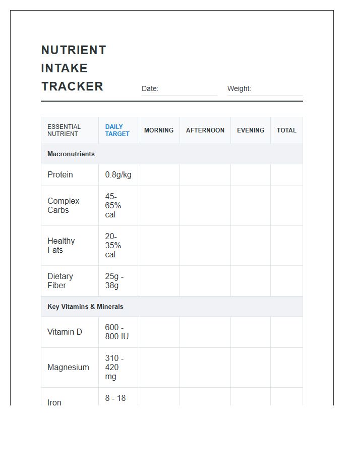 Essential Nutrient Intake Tracker Chart Printable